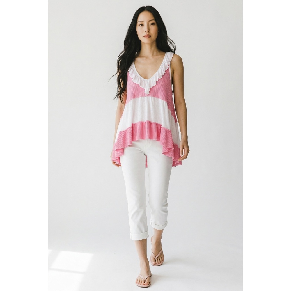 POL Pink Ruffle V Neck Tunic Tank | Sleeveless Color Block Flowy Boho Top - Picture 5 of 6